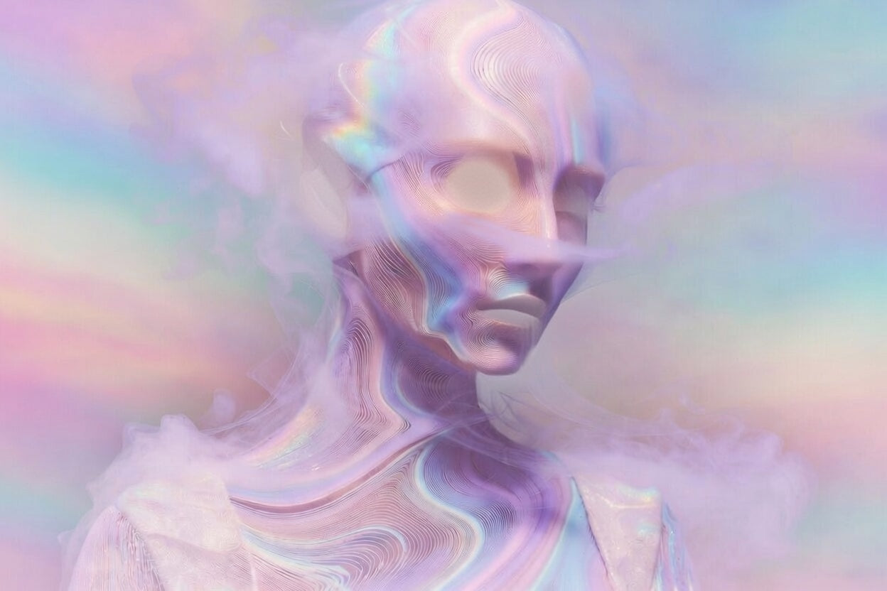 Surrealist neon purple vortex landscape, concept art for the ASMRY Vortex Dreamscape tee.